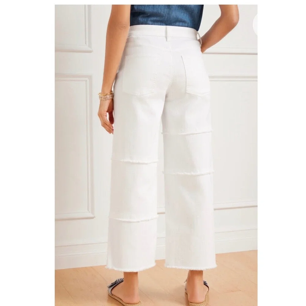 Talbots White Wide Leg Crop Jeans High Waist Embroidered Raw Hem 4P NEW‎